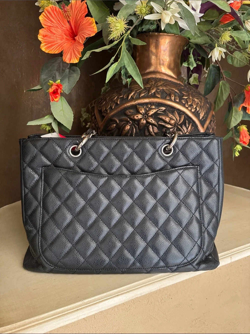 CHANEL Black Quilted Caviar Leather Tote with Chain-Strap